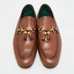 Pre Owned Gucci Brown Leather Jordaan Tassel Loafers Size 45
