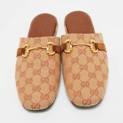 Pre Owned Gucci Beige GG Canvas and Suede Princetown Mules Size 42