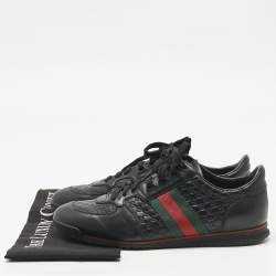 Pre Owned Gucci Black Guccissima Leather Web Low Top Sneakers Size 43