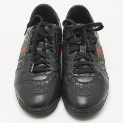 Pre Owned Gucci Black Guccissima Leather Web Low Top Sneakers Size 43