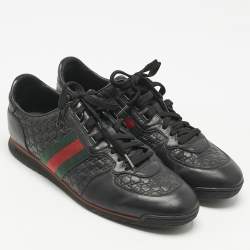 Pre Owned Gucci Black Guccissima Leather Web Low Top Sneakers Size 43
