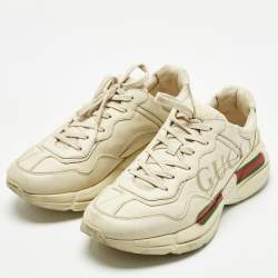 Pre Owned Gucci Cream Leather Rhyton Lace Up Sneakers Size 43.5