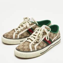 Pre Owned Gucci Beige Canvas Tennis 1977 Lace Up Sneakers Size 40
