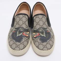 Pre Owned Gucci Beige/Black Tiger Print GG Supreme Canvas and Leather Slip On Sneakers Size 42.5