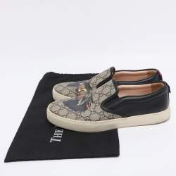 Pre Owned Gucci Beige/Black Tiger Print GG Supreme Canvas and Leather Slip On Sneakers Size 42.5