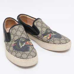 Pre Owned Gucci Beige/Black Tiger Print GG Supreme Canvas and Leather Slip On Sneakers Size 42.5