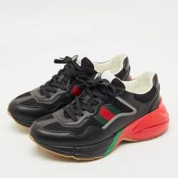 Pre Owned Gucci Black Leather and Mesh Web Rhyton Sneakers Size 41