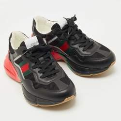 Pre Owned Gucci Black Leather and Mesh Web Rhyton Sneakers Size 41