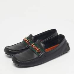 Pre Owned Gucci Black Leather Horsebit Web Detail Driver Loafers Size 42.5