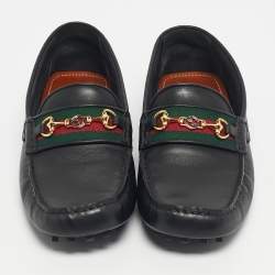 Pre Owned Gucci Black Leather Horsebit Web Detail Driver Loafers Size 42.5