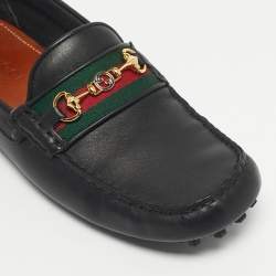 Pre Owned Gucci Black Leather Horsebit Web Detail Driver Loafers Size 42.5