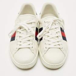 Pre Owned Gucci White Leather and Python Embossed Leather Web Ace Lace Up Sneakers Size 42.5