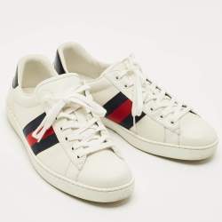 Pre Owned Gucci White Leather and Python Embossed Leather Web Ace Lace Up Sneakers Size 42.5