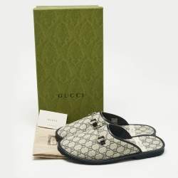 مملوكة مسبقًا Gucci Beige/Navy Blue GG Supreme Canvas Horsebit Slippers Size 46