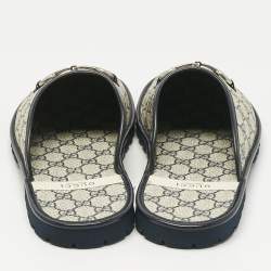 مملوكة مسبقًا Gucci Beige/Navy Blue GG Supreme Canvas Horsebit Slippers Size 46