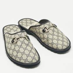 مملوكة مسبقًا Gucci Beige/Navy Blue GG Supreme Canvas Horsebit Slippers Size 46