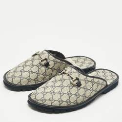 مملوكة مسبقًا Gucci Beige/Navy Blue GG Supreme Canvas Horsebit Slippers Size 46