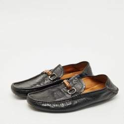 Pre Owned Gucci Black Leather Horsebit Web Detail Driver Loafers Size 45