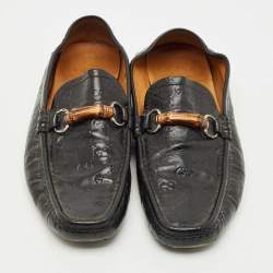 Pre Owned Gucci Black Leather Horsebit Web Detail Driver Loafers Size 45