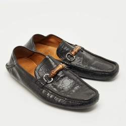 Pre Owned Gucci Black Leather Horsebit Web Detail Driver Loafers Size 45