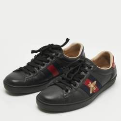 Pre Owned Gucci Black Leather Ace Lace Up Sneakers Size 41.5