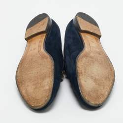 Pre Owned Gucci Blue Leather and Suede Jordaan Horsebit Loafers Size 40