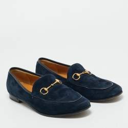 Pre Owned Gucci Blue Leather and Suede Jordaan Horsebit Loafers Size 40