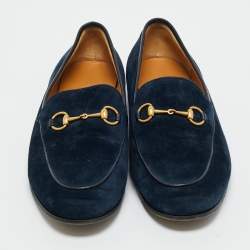 Pre Owned Gucci Blue Leather and Suede Jordaan Horsebit Loafers Size 40