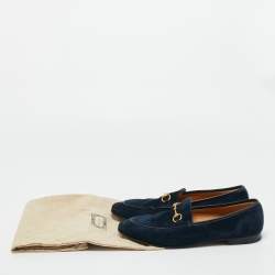 Pre Owned Gucci Blue Leather and Suede Jordaan Horsebit Loafers Size 40