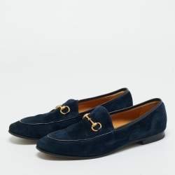 Pre Owned Gucci Blue Leather and Suede Jordaan Horsebit Loafers Size 40