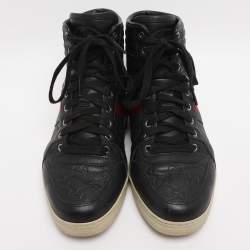 Pre Owned Gucci Black Guccissima Leather Web Detail High-Top Sneakers  Size 40.5