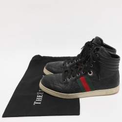 Pre Owned Gucci Black Guccissima Leather Web Detail High-Top Sneakers  Size 40.5