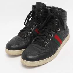 Pre Owned Gucci Black Guccissima Leather Web Detail High-Top Sneakers  Size 40.5