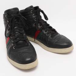 Pre Owned Gucci Black Guccissima Leather Web Detail High-Top Sneakers  Size 40.5