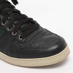 Pre Owned Gucci Black Guccissima Leather Web Detail High-Top Sneakers  Size 40.5