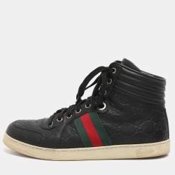 مملوكة مسبقًا Gucci Black Guccissima Leather Web Detail High-Top Sneakers  Size 40.5