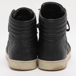 Pre Owned Gucci Black Guccissima Leather Web Detail High-Top Sneakers  Size 40.5
