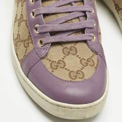 Pre Owned Gucci Beige/Purple Canvas and Leather Guccissima Lace Up Sneakers Size 41