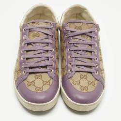 Pre Owned Gucci Beige/Purple Canvas and Leather Guccissima Lace Up Sneakers Size 41