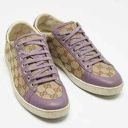 Pre Owned Gucci Beige/Purple Canvas and Leather Guccissima Lace Up Sneakers Size 41