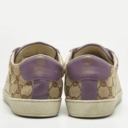 Pre Owned Gucci Beige/Purple Canvas and Leather Guccissima Lace Up Sneakers Size 41