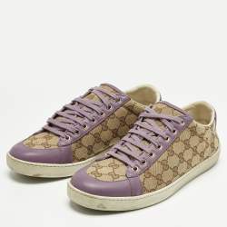 Pre Owned Gucci Beige/Purple Canvas and Leather Guccissima Lace Up Sneakers Size 41