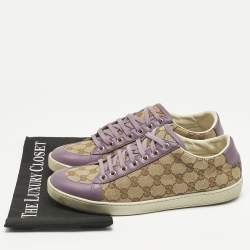 Pre Owned Gucci Beige/Purple Canvas and Leather Guccissima Lace Up Sneakers Size 41