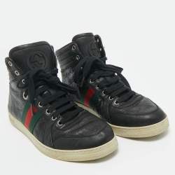 Pre Owned Gucci Black Guccissima Leather Web Detail High-Top Sneakers Size 40