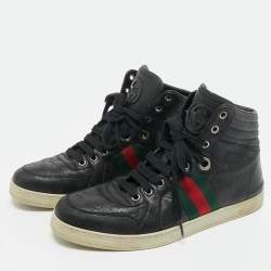 Pre Owned Gucci Black Guccissima Leather Web Detail High-Top Sneakers Size 40