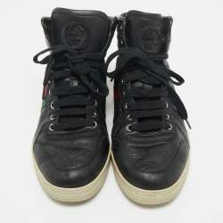 Pre Owned Gucci Black Guccissima Leather Web Detail High-Top Sneakers Size 40