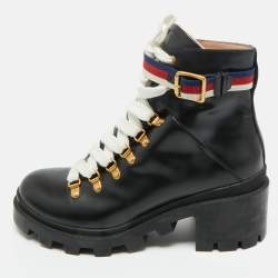 Pre Owned Gucci Black Leather Sylvie Ankle Length Boots Size 39