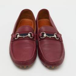 Pre Owned Gucci Burgundy Leather Web Horsebit Slip On Loafers Size 41