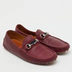 Pre Owned Gucci Burgundy Leather Web Horsebit Slip On Loafers Size 41