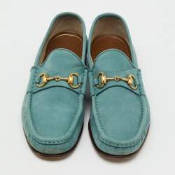 Pre Owned Gucci Sea Green Nubuck Leather 1953 Horsebit Slip On Loafers Size 41